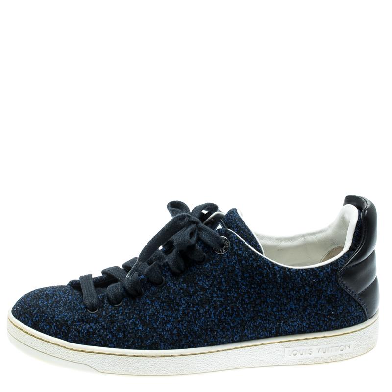 Louis Vuitton Blue Knit Fabric And Black Leather Front Row Lace Up Sneakers 39.5 1