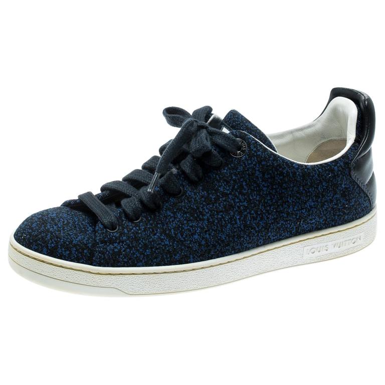 Louis Vuitton Blue Knit Fabric And Black Leather Front Row Lace Up Sneakers 39.5