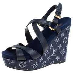 Louis Vuitton Blue Denim Monogram Denim Leather Bow Kitten Heels Size  9.5/40 - Yoogi's Closet