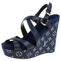 LOUIS VUITTON DENIM PATCHWORK FLORAL SANDAL HEEL size 37 – the