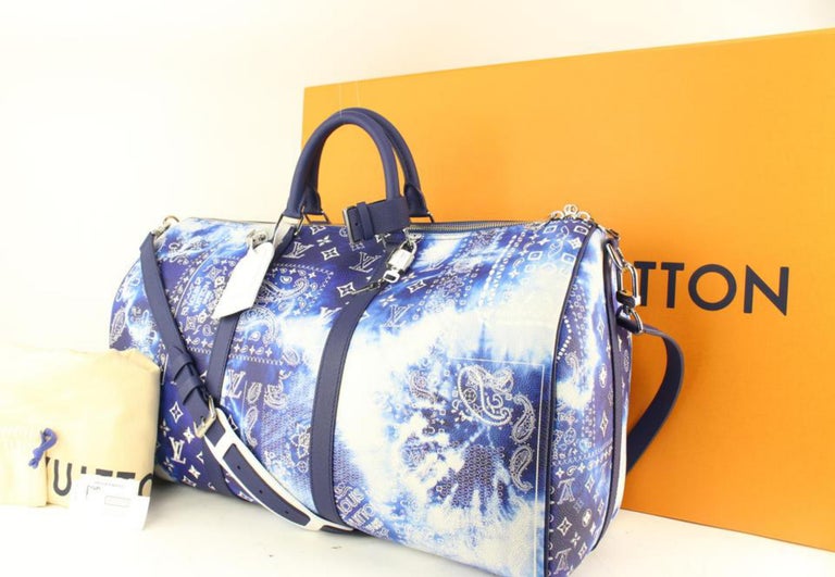 Louis Vuitton Keepall Bandouliere 55 Blue White Exclamation Weekend Travel  Bag