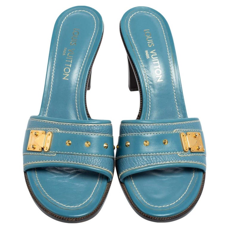 Louis Vuitton Blue Leather Embellished Buckle Strap Slide Sandals Size 41  For Sale at 1stDibs
