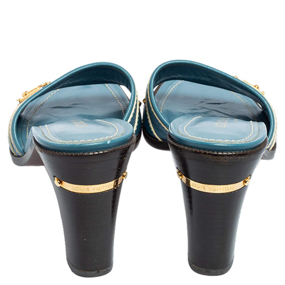 Women's Louis Vuitton Blue Leather Embellished Buckle Strap Slide Sandals Size 41