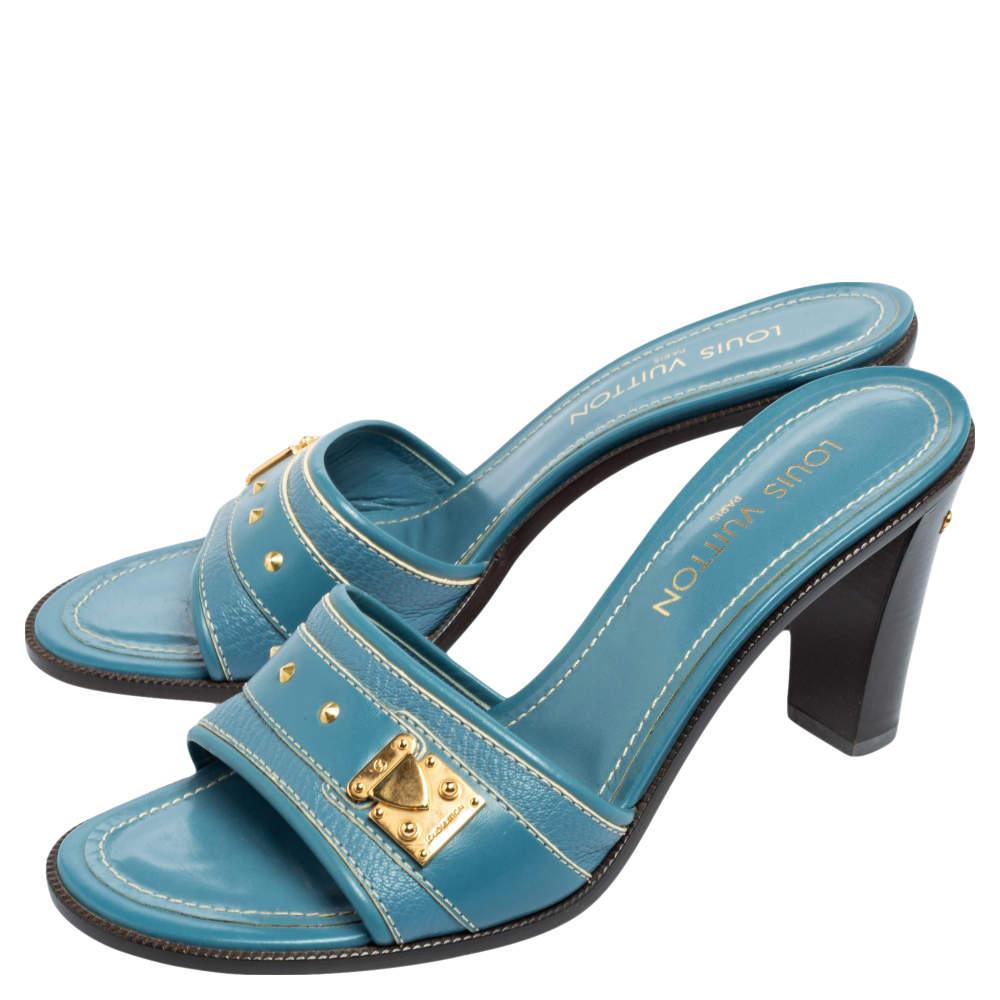 Louis Vuitton Blue Leather Embellished Buckle Strap Slide Sandals Size 41 1