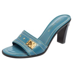 Louis Vuitton Blue Leather Embellished Buckle Strap Slide Sandals Size 41