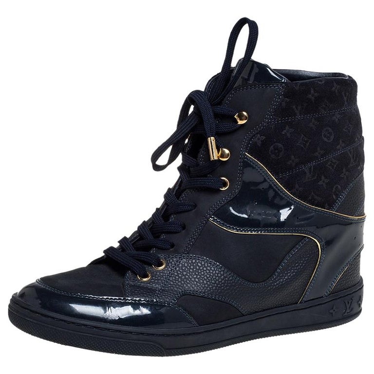 Monogram Cliff Louis Vuitton Blue Leather Monogram Cliff Top Wedge Ankle Boots Size 39 ...