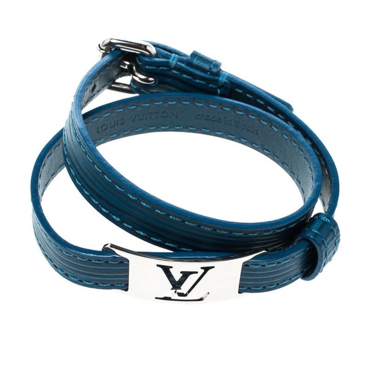 Louis Vuitton Blue Leather Silver Tone Wrap Bracelet 19 For Sale at 1stdibs