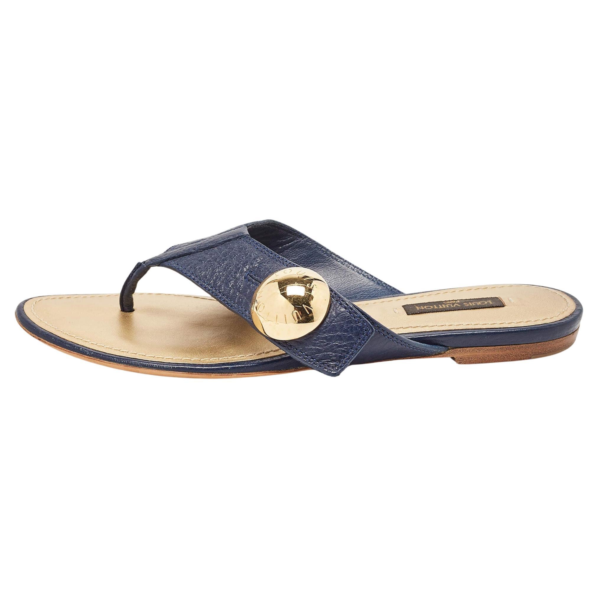 Louis Vuitton Blue Leather Thong Flat Slides Size 37 For Sale