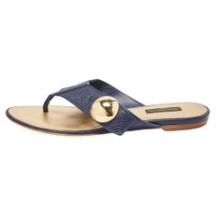 Used Louis Vuitton Blue Leather Thong Flat Slides Size 37