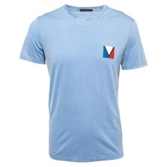 Blaues Logo bedrucktes Baumwollstrick-T-Shirt von Louis Vuitton S