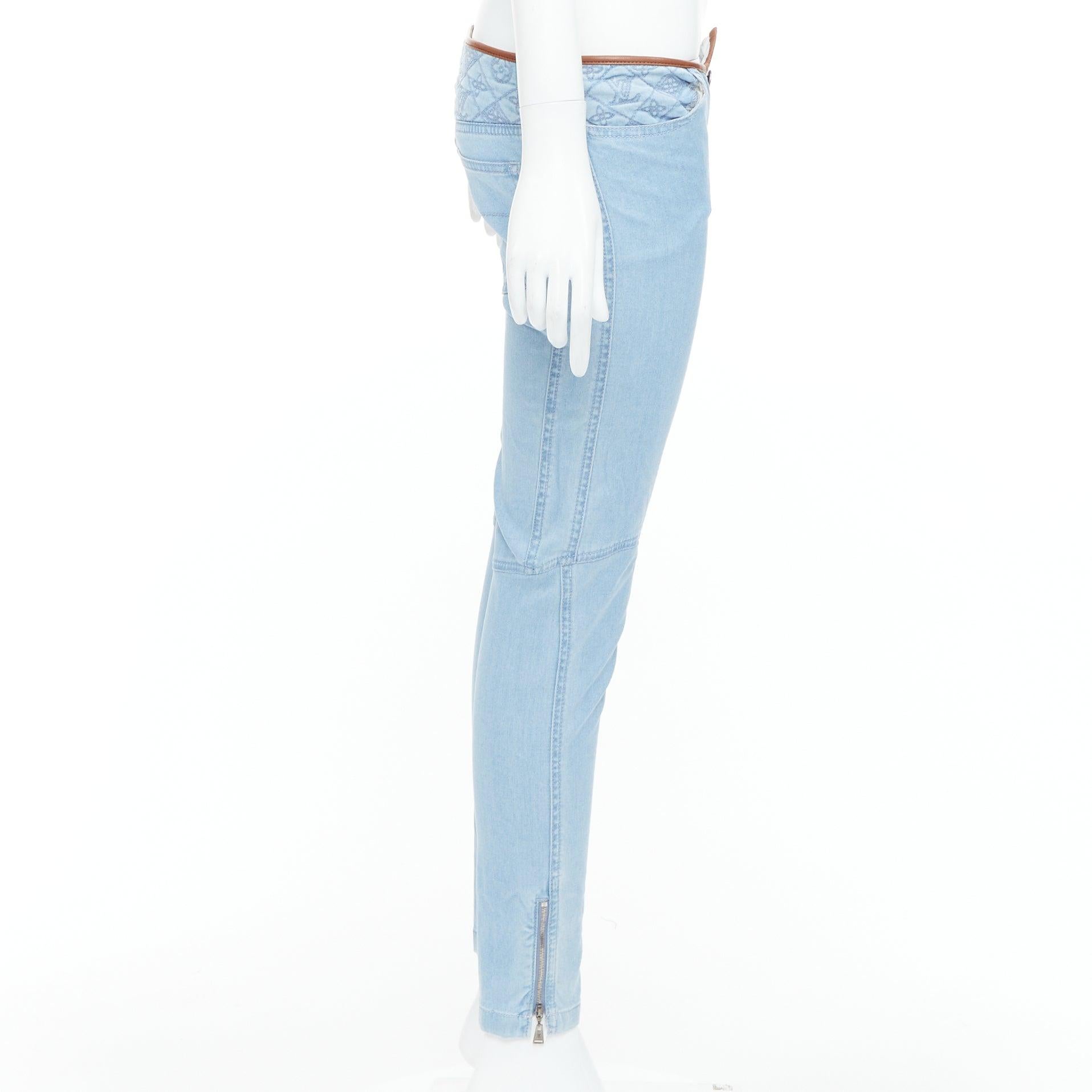 LOUIS VUITTON blue LV monogram brown lambskin trim skinny jeans FR34 XS In Good Condition In Hong Kong, NT