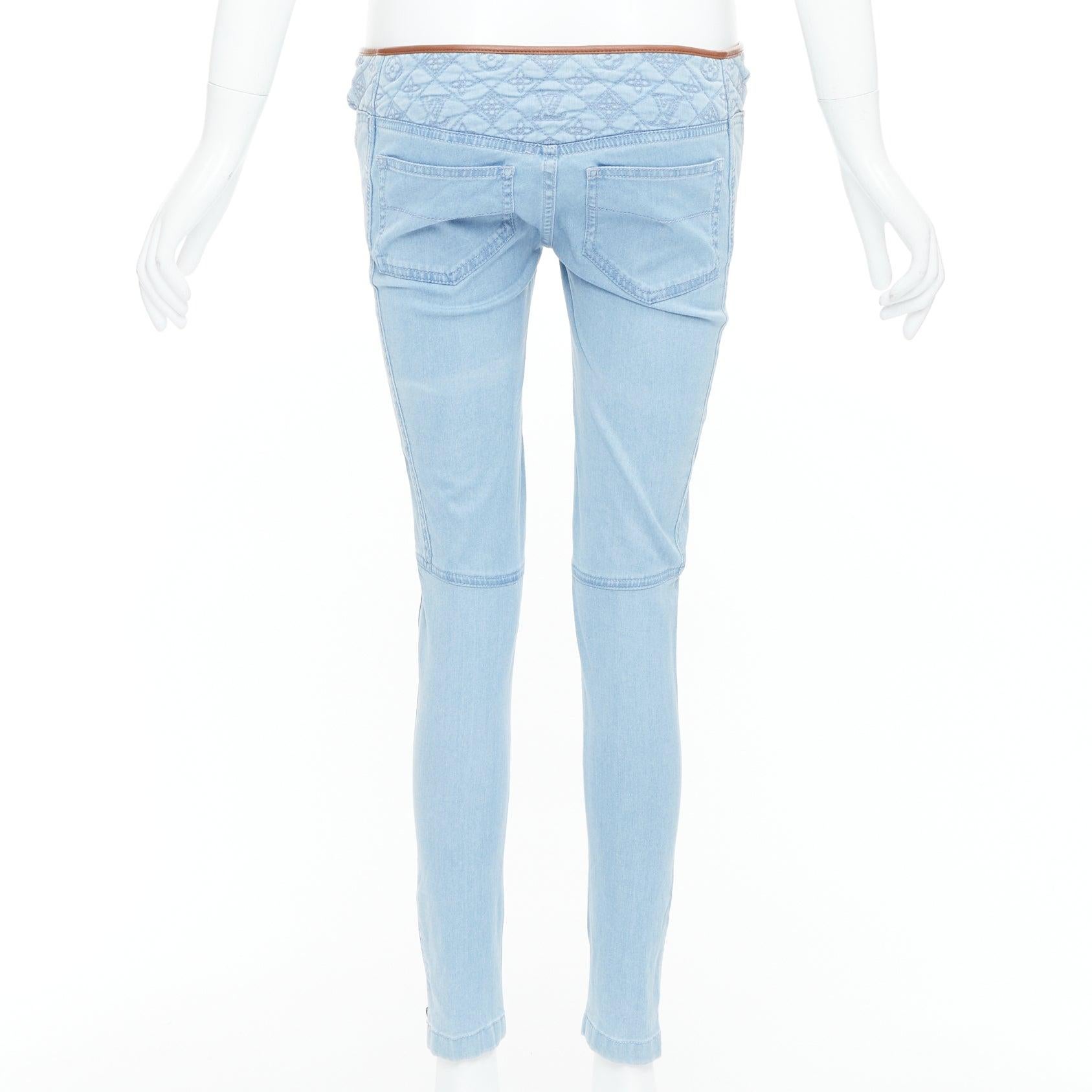 Women's LOUIS VUITTON blue LV monogram brown lambskin trim skinny jeans FR34 XS