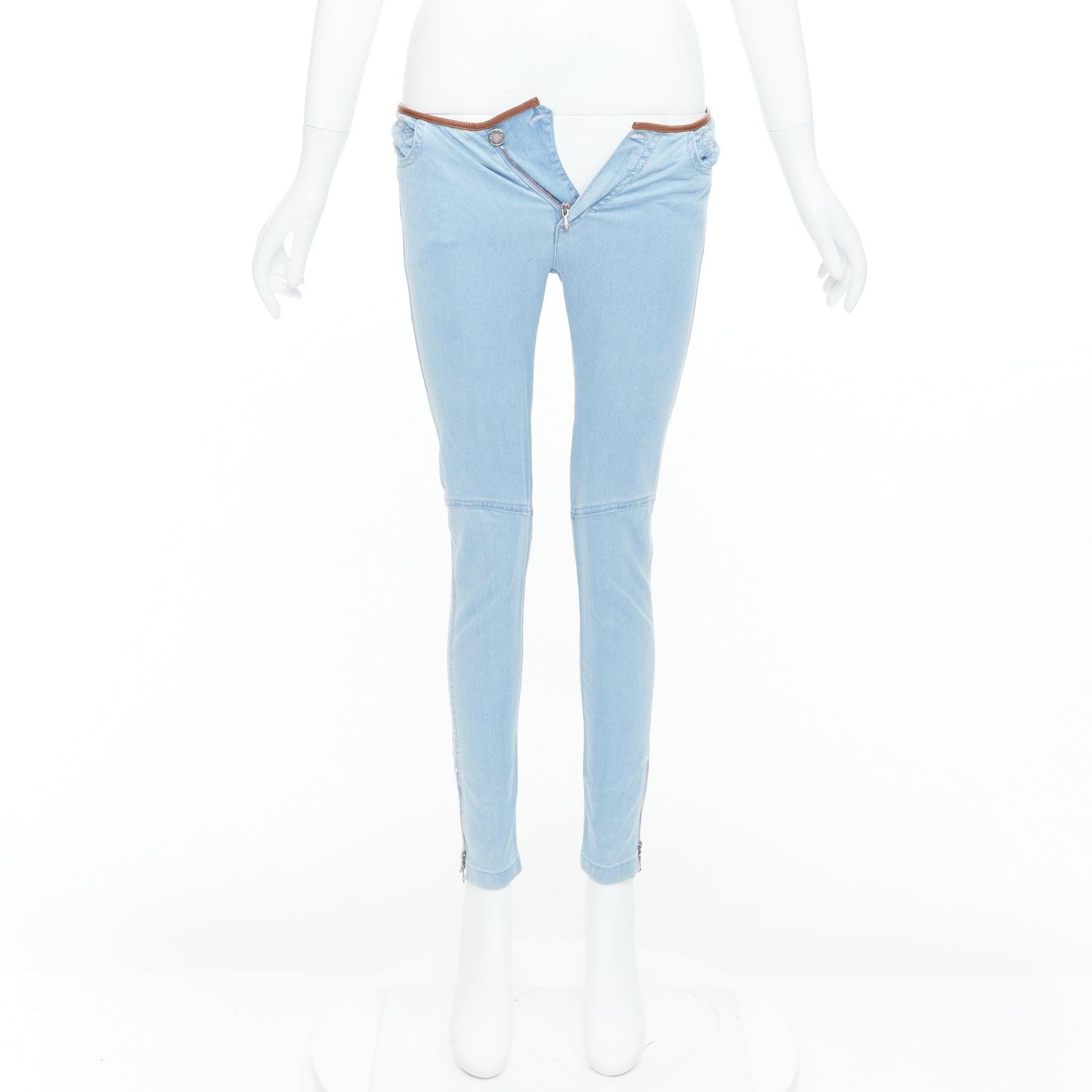 LOUIS VUITTON blue LV monogram brown lambskin trim skinny jeans FR34 XS 4