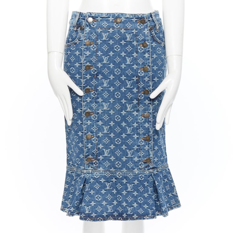 LOUIS VUITTON blue LV monogram jacquard denim button front flared hem skirt  FR38 at 1stDibs