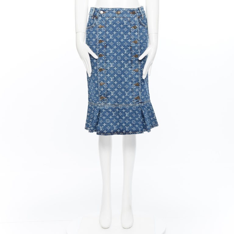 LOUIS VUITTON Monogram Flower Tile Midi Skirt Blue. Size 38