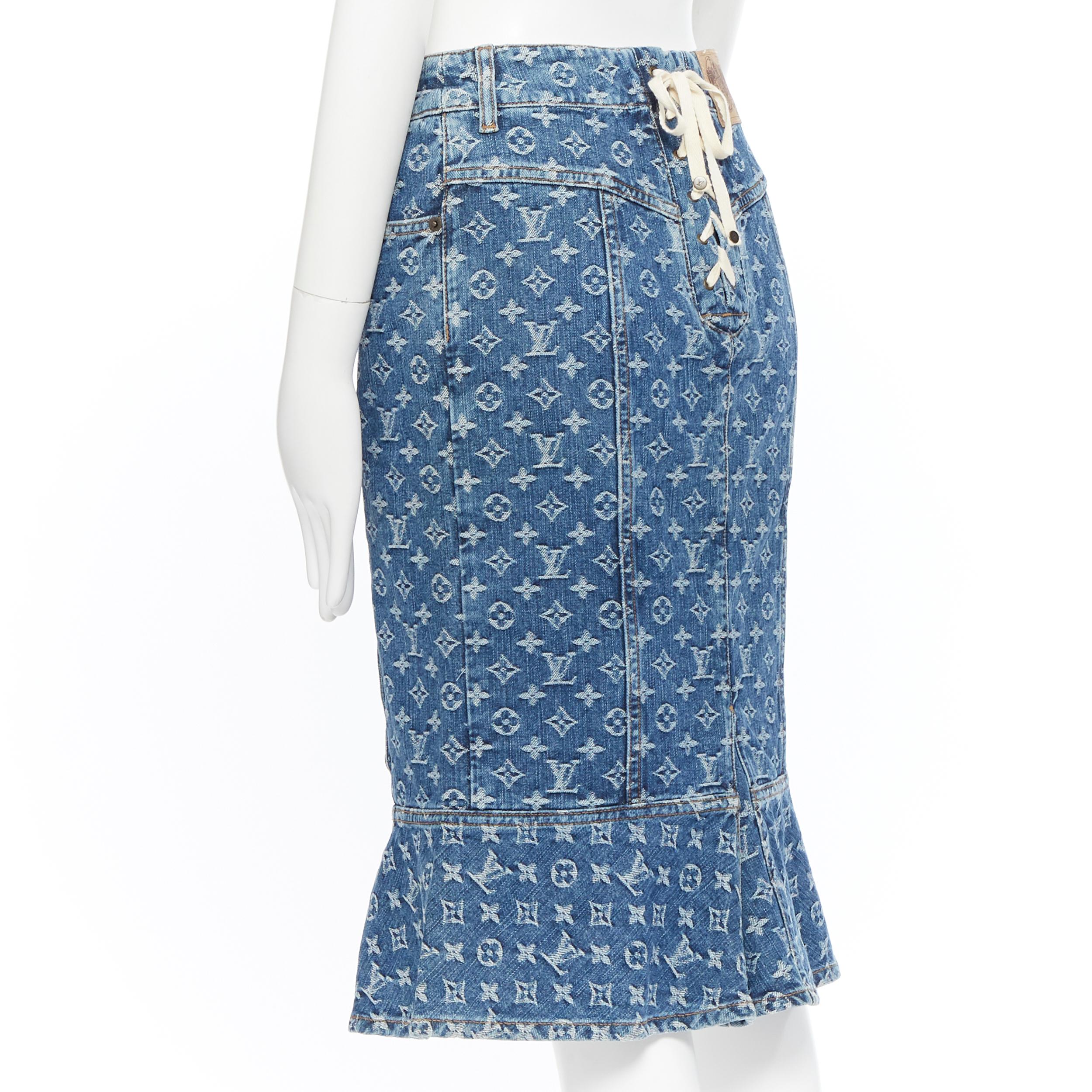 LOUIS VUITTON blue LV monogram jacquard denim button front flared hem skirt FR38 In Excellent Condition In Hong Kong, NT