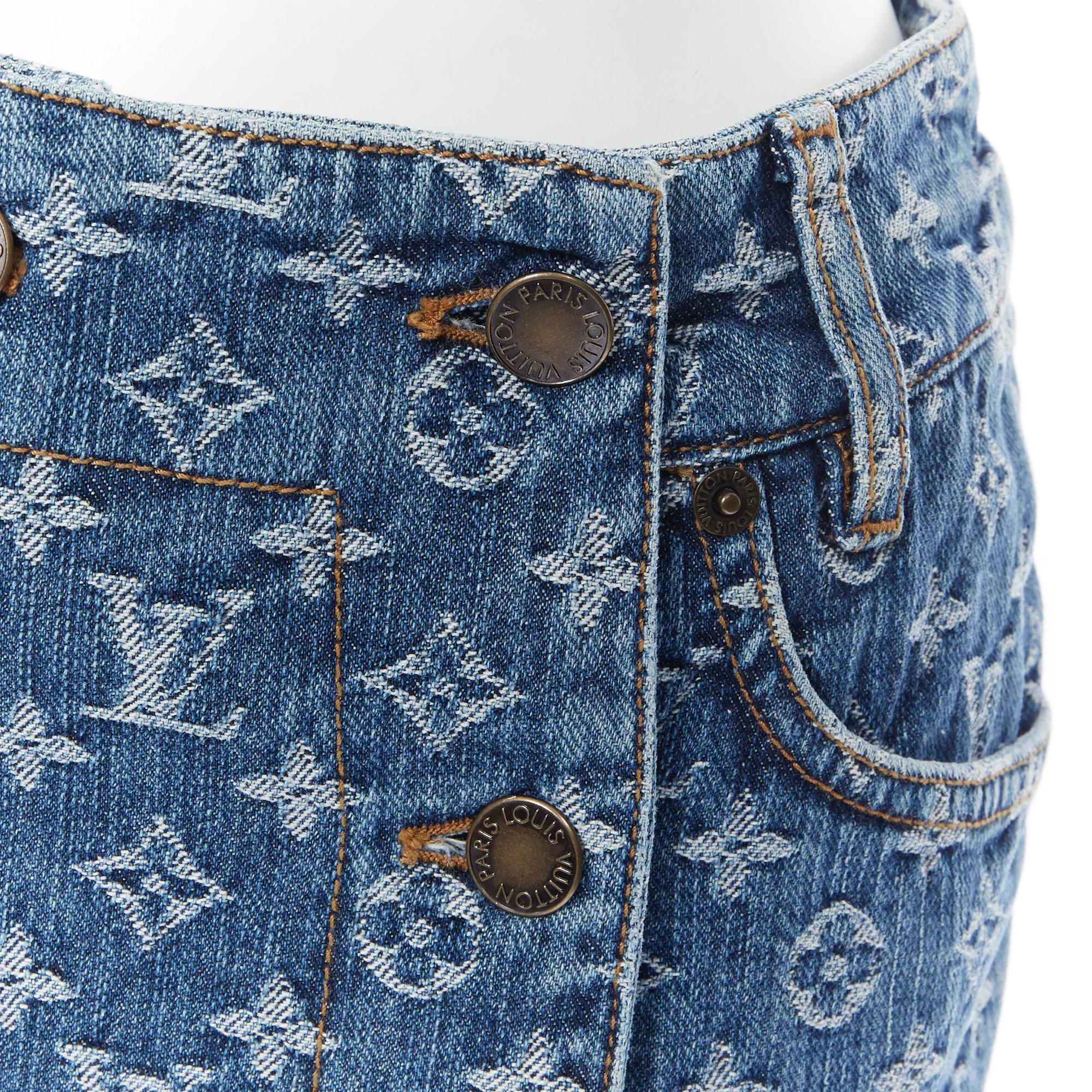 Women's LOUIS VUITTON blue LV monogram jacquard denim button front flared hem skirt FR38