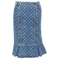 LOUIS VUITTON blue LV monogram jacquard denim button front flared hem skirt FR38