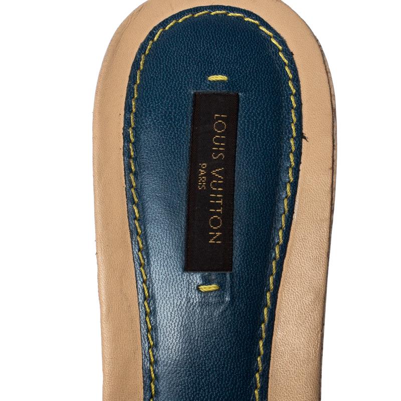 Women's Louis Vuitton Blue Monogram Canavs And Beige Leather Grenadine Sandals Size 38.5