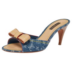 Louis Vuitton Blue Monogram Denim And Leather Bow Detail Slides Sandals Size 37