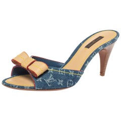 Louis Vuitton Blue Monogram Denim And Leather Bow Slide Sandals Size 38.5