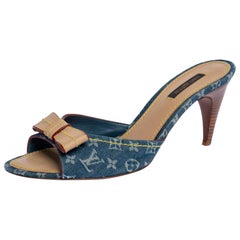 Louis Vuitton Blue Leather/Denim Wedge Sandals Size 5.5/36 - Yoogi's Closet
