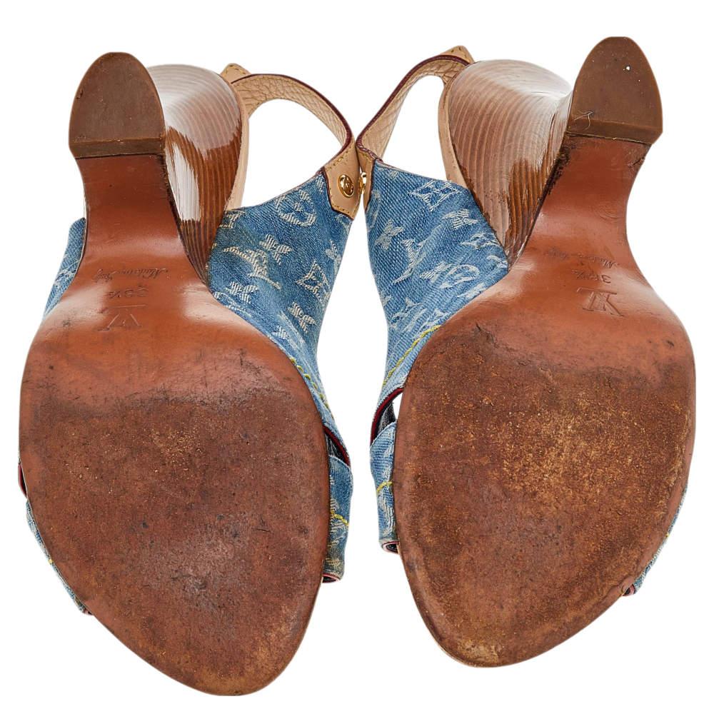 Louis Vuitton Blue Monogram Denim and Leather Slingback Sandals Size 38.5 For Sale 1