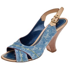 Louis Vuitton Blue Monogram Denim and Leather Slingback Sandals Size 38.5