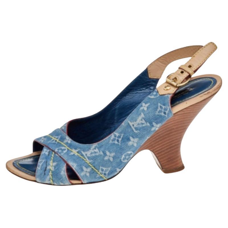 Louis Vuitton Blue Monogram Denim and Leather Slingback Sandals Size 38.5