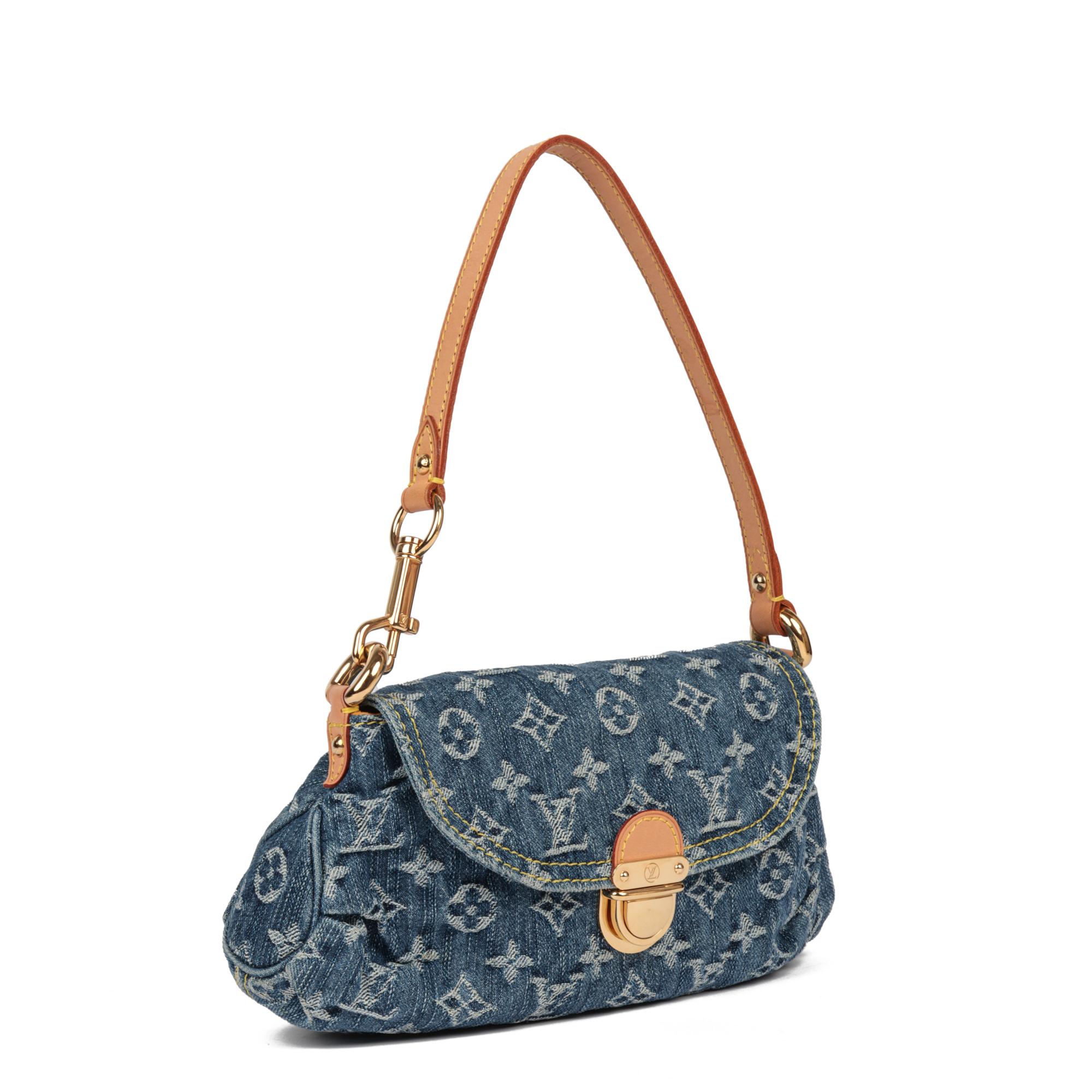 Louis Vuitton Blue Monogram Denim and Vachetta Leather Mini Pleaty

CONDITION NOTES
The exterior is in excellent condition with light signs of use.
The interior is in very good condition with light signs of use. There are pen marks on the yellow