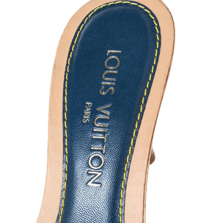 LOUIS VUITTON LV Monogram Denim Sandals #38 US7 Wedge Sole Ribbon