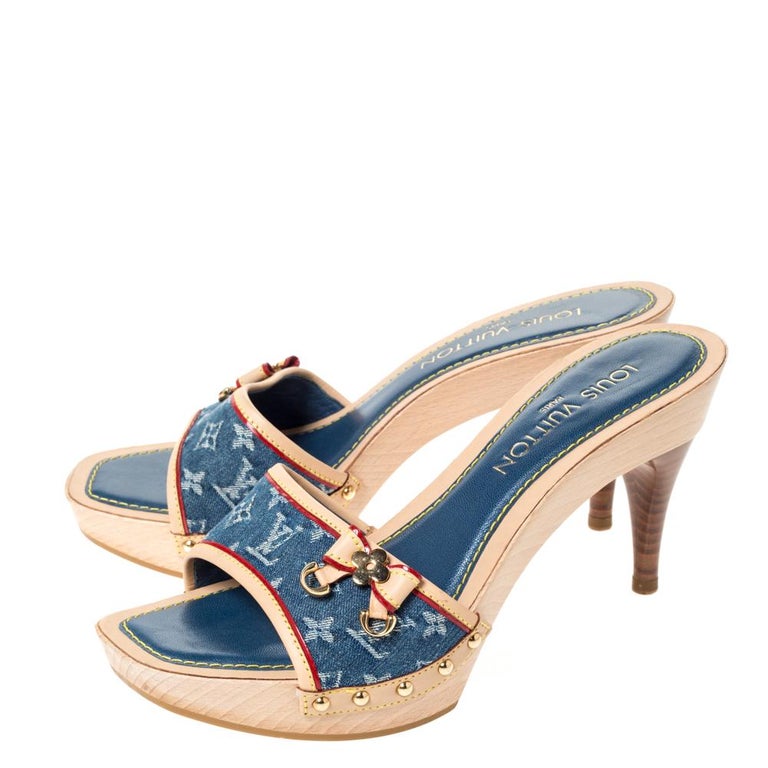 Pre-owned Blue Monogram Denim Kitten Heel Bow Slide Sandals Size 35