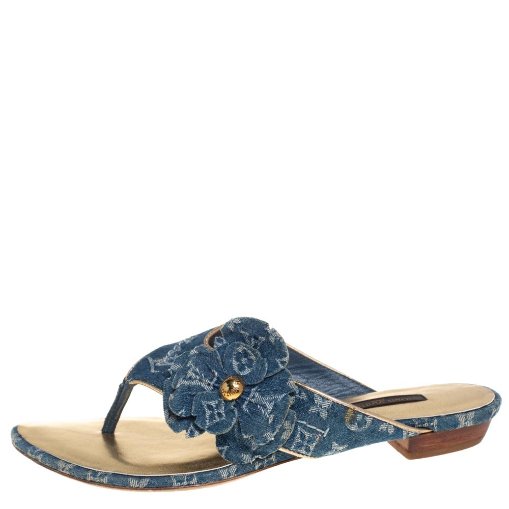 Gray Louis Vuitton Blue Monogram Denim Freesia Flower Thong Sandals Size 35