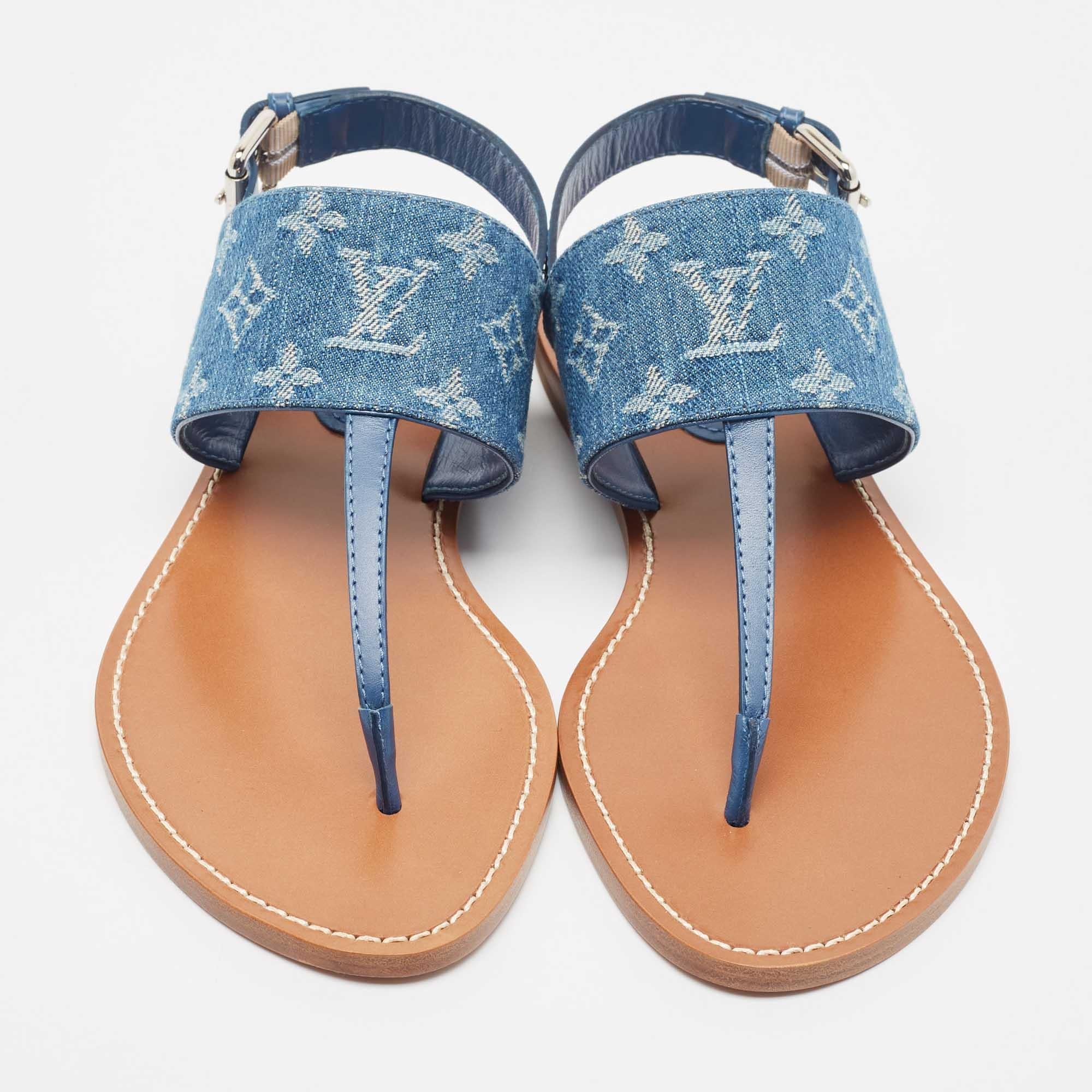Women's Louis Vuitton Blue Monogram Denim Starboard Flat Thong Sandals Size 40