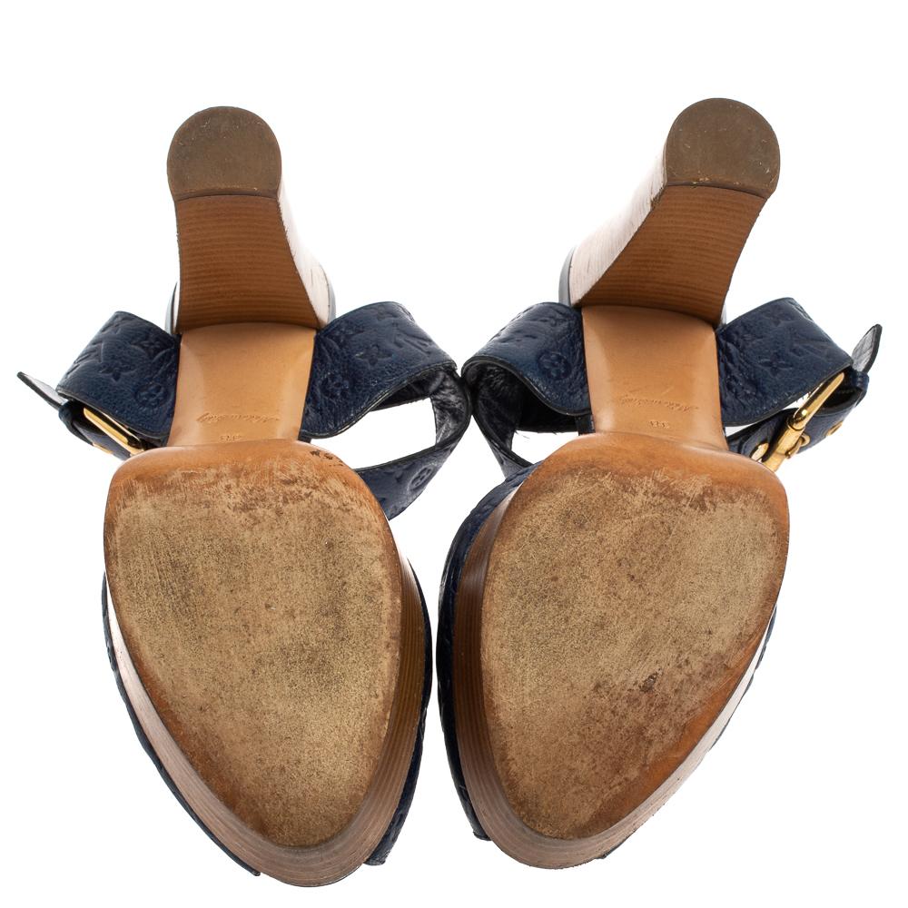 Black Louis Vuitton Blue Monogram Empreinte Block Heel Ankle Strap Sandals Size 38