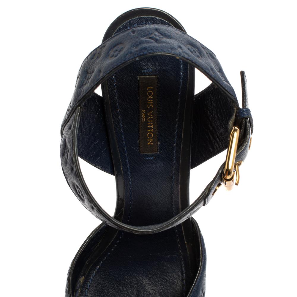 Women's Louis Vuitton Blue Monogram Empreinte Block Heel Ankle Strap Sandals Size 38