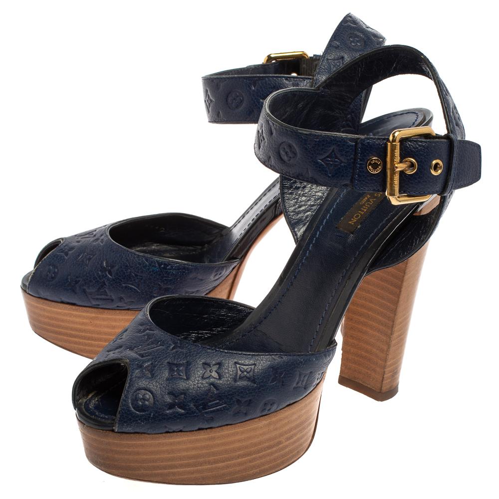 Louis Vuitton Blue Monogram Empreinte Block Heel Ankle Strap Sandals Size 38 1