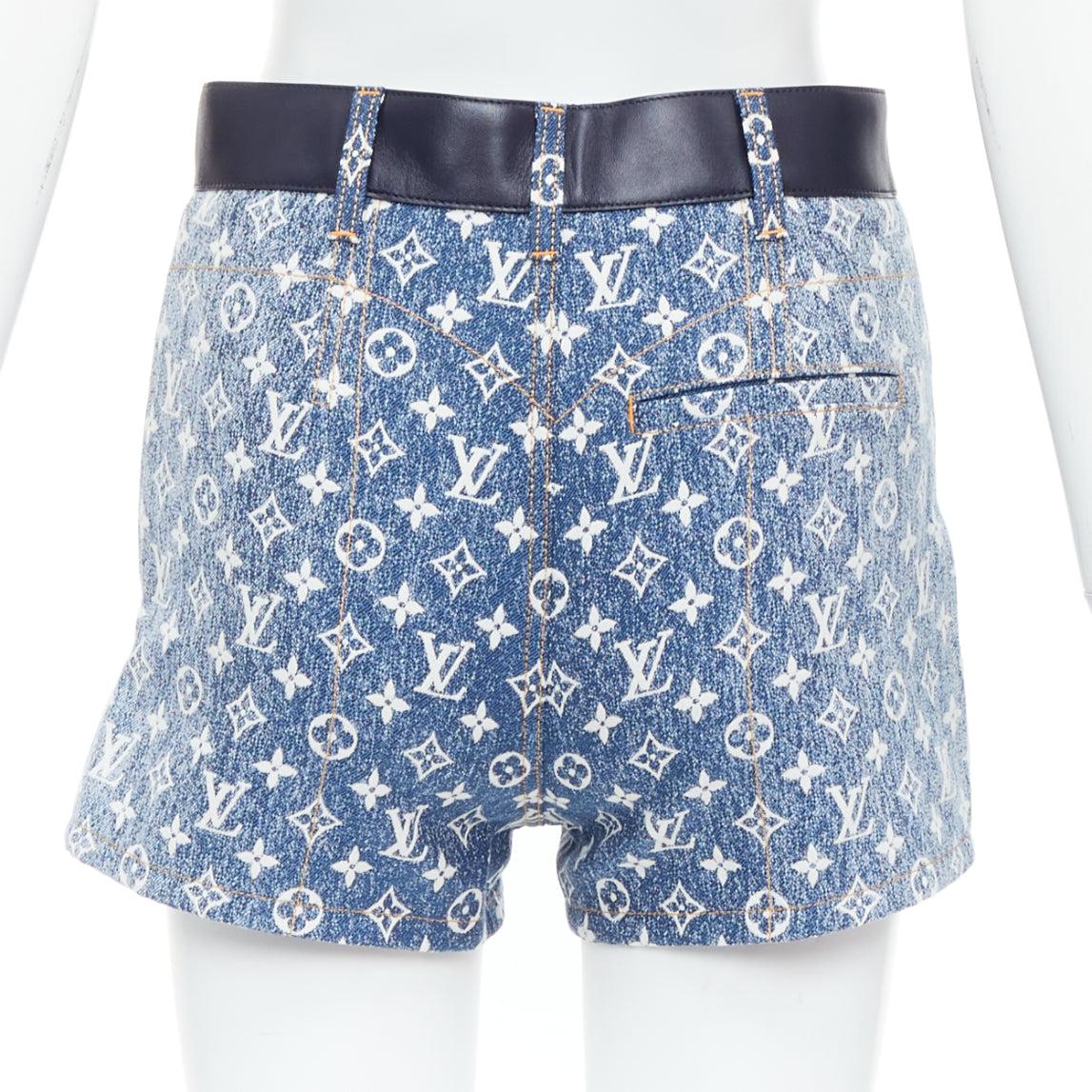 Women's LOUIS VUITTON blue monogram jacquard denim  leather trim zip shorts FR34 XS