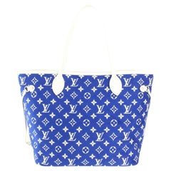 Used Louis Vuitton Blue Monogram Velvet Match Neverfull MM Tote Bag 14lz517s