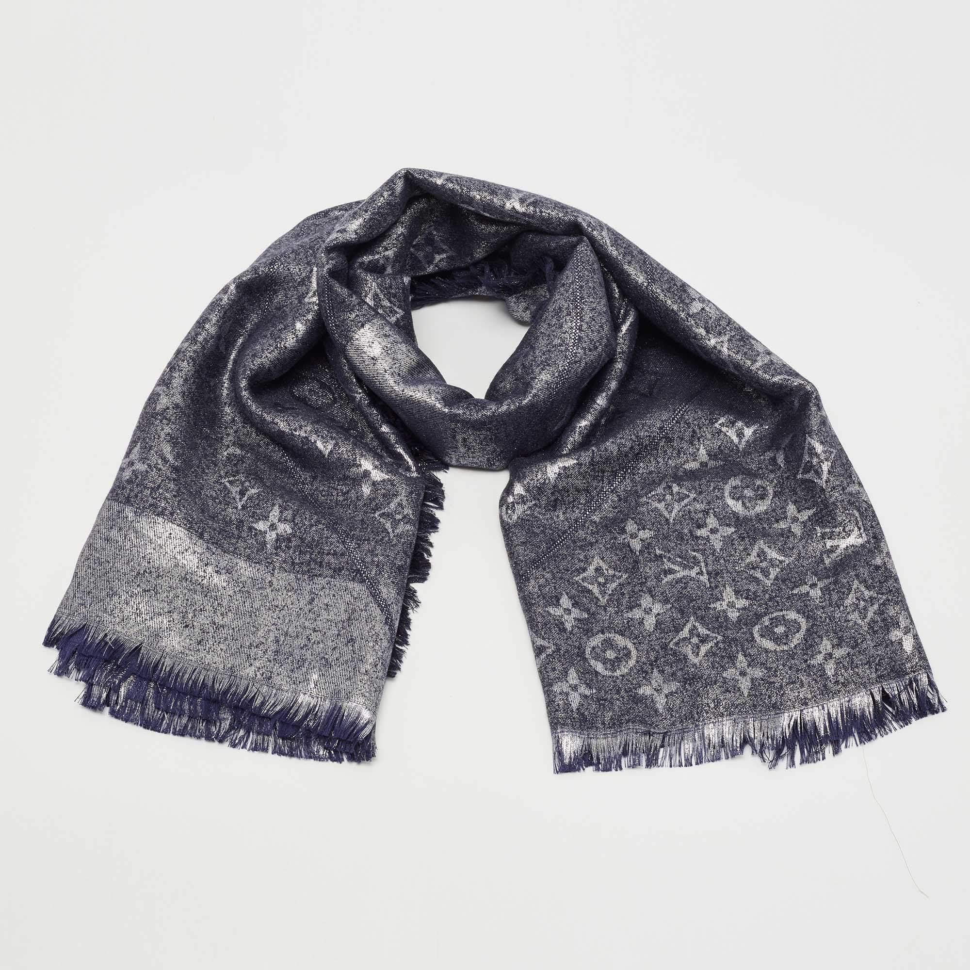A shawl with fringes on the edges and LV's monogram pattern all over. This Louis Vuitton Logomania scarf made in Italy brings a soft feel and timeless appeal. Wrap it around your neck, and shoulders or style it with your coats and