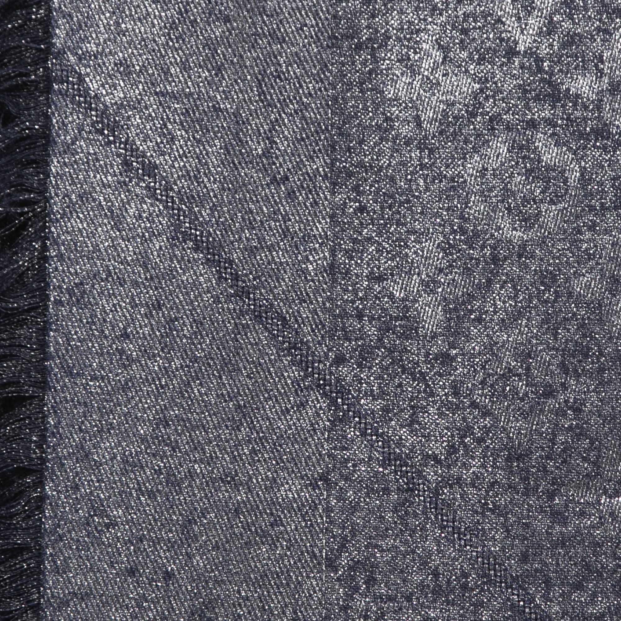 Louis Vuitton Blue Nuit Limited Edition Chale Monogram Silk & Wool Rock Shawl In Good Condition In Dubai, Al Qouz 2