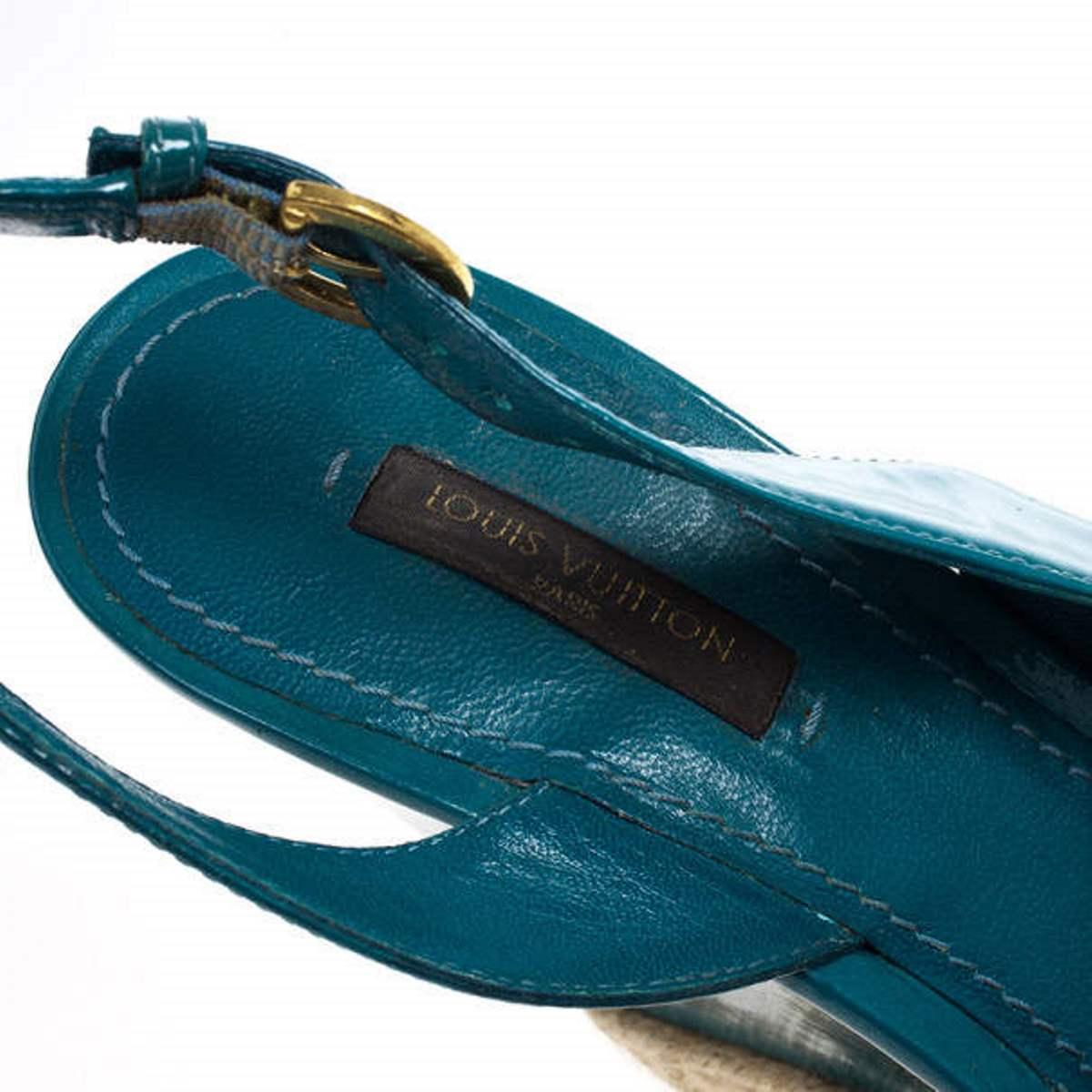 Louis Vuitton Blue Patent Espadrilles Slingback Wedges Size 37.5 For Sale 3