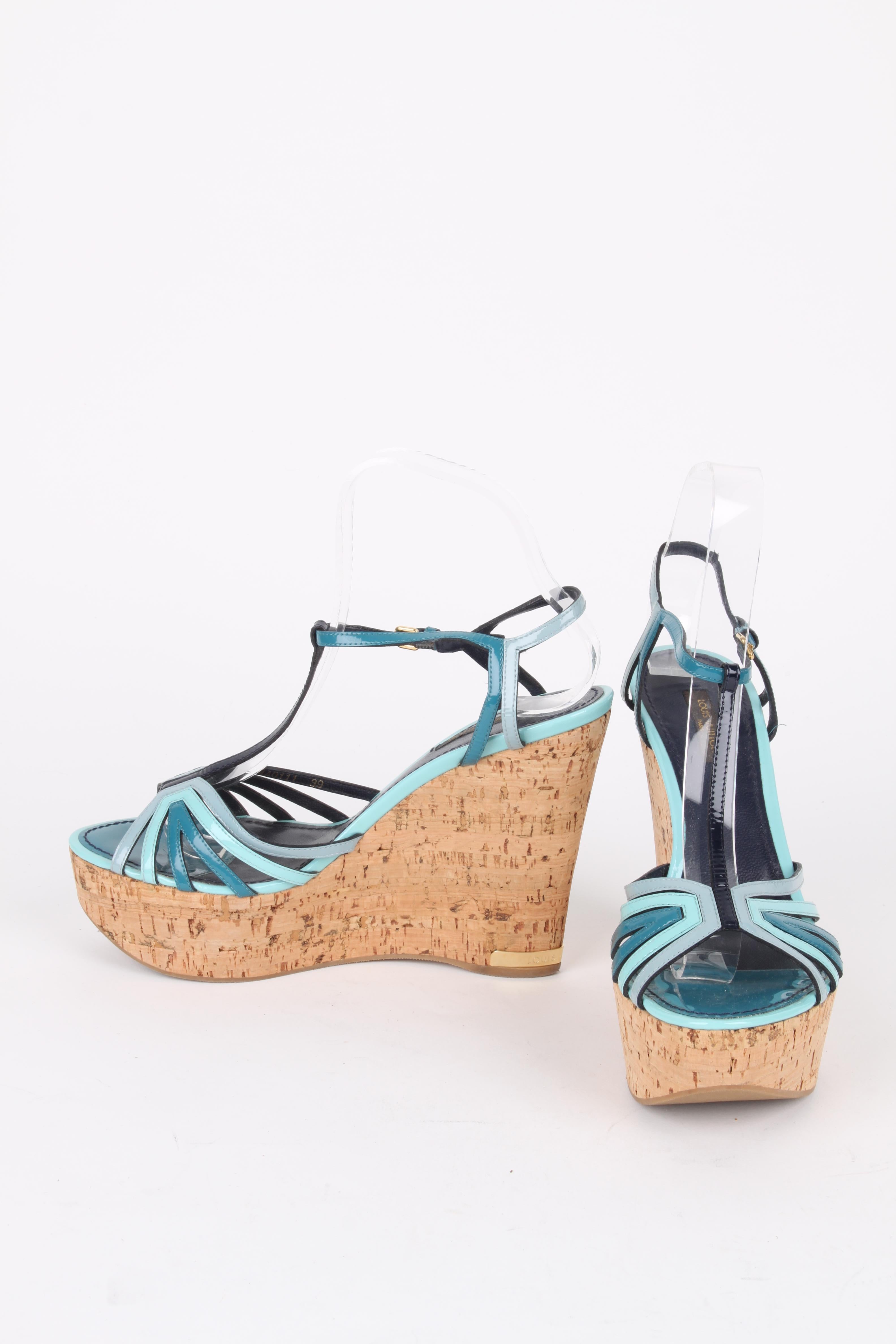 Beige Louis Vuitton Blue Patent Leather Summertime Cork Wedges For Sale