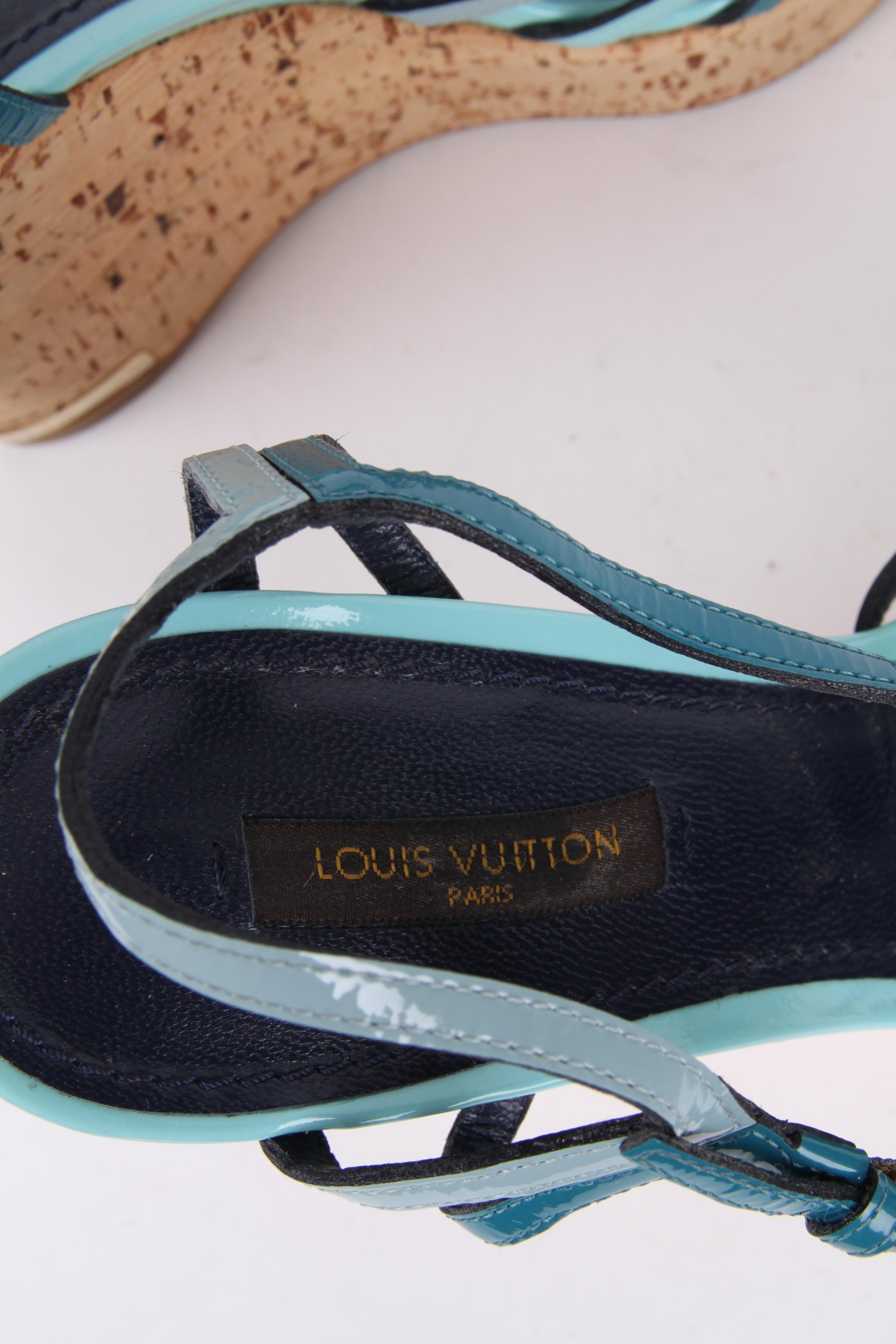 Louis Vuitton Blue Patent Leather Summertime Cork Wedges For Sale 2