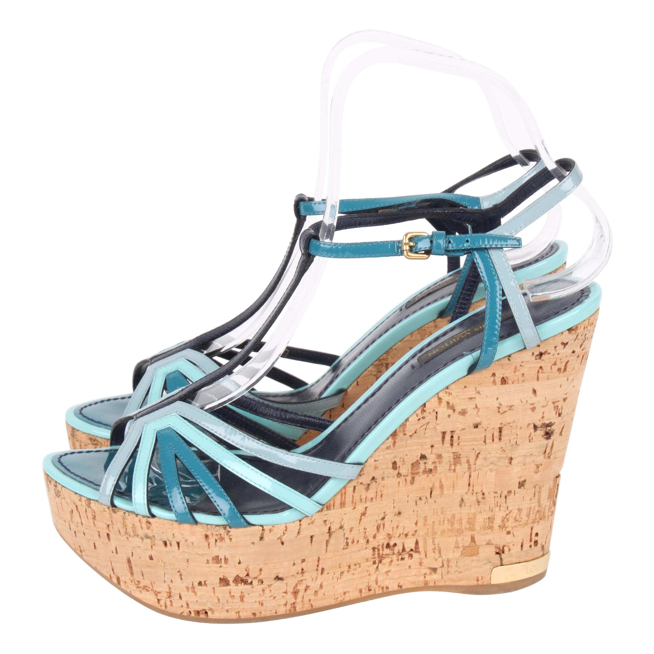 Louis Vuitton Blue Patent Leather Summertime Cork Wedges For Sale