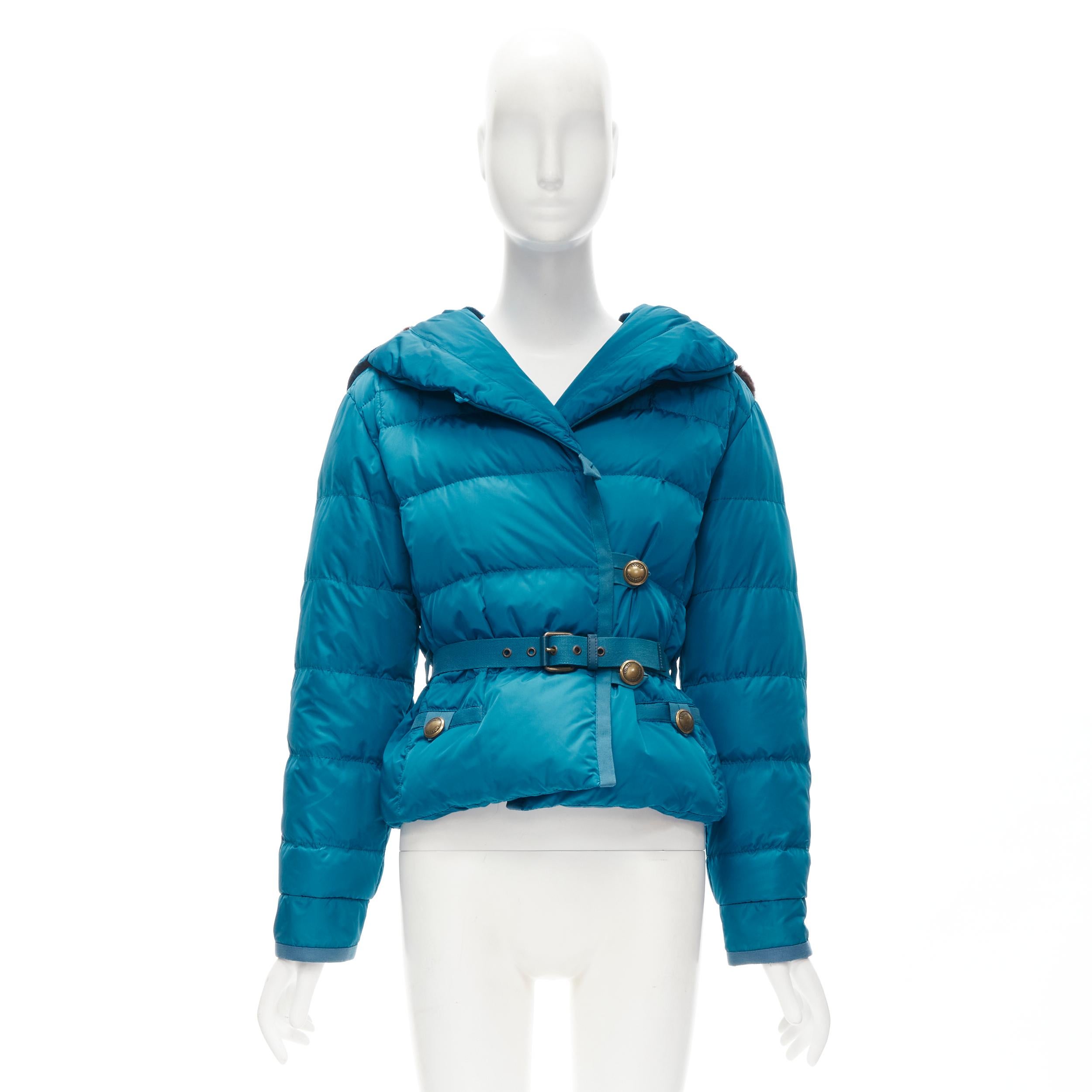 LOUIS VUITTON blue Real Goose down fur lined hood belted puffer jacket FR34 XS 7