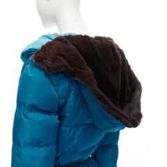 LOUIS VUITTON blue Real Goose down fur lined hood belted puffer jacket FR34 XS