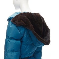 LOUIS VUITTON blue Real Goose down fur lined hood belted puffer jacket FR34 XS