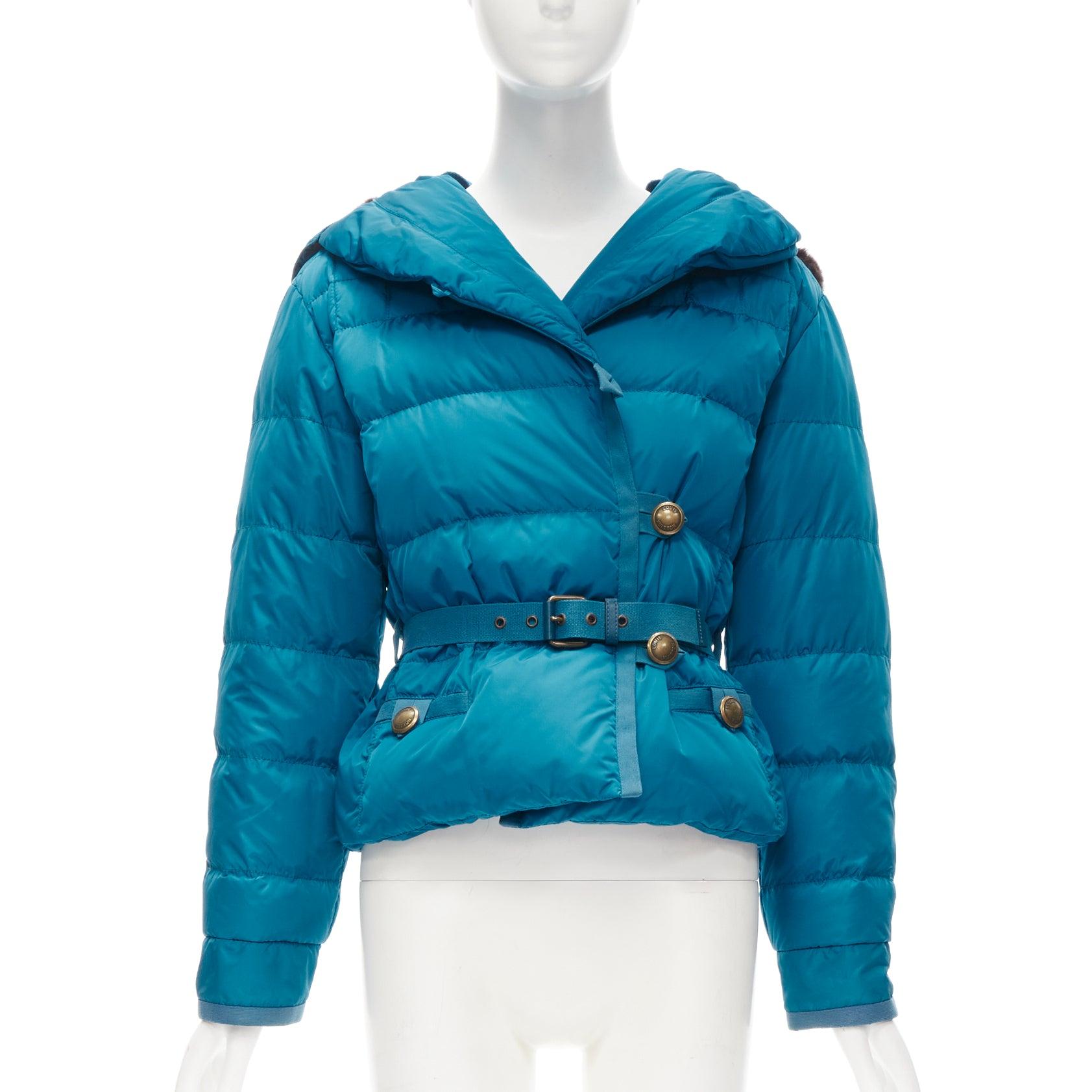 LOUIS VUITTON blue Real Goose down fur lined hood belted puffer jacket FR34 XS
Reference: ANWU/A00763
Brand: Louis Vuitton
Designer: Marc Jacobs
Material: Nylon
Color: Blue, Brown
Pattern: Solid
Closure: Button
Lining:  Down
Extra Details: Concealed