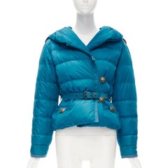 LOUIS VUITTON blue Real Goose down fur lined hood belted puffer jacket FR34 XS